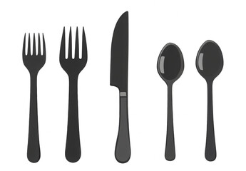 Flatware Set: Two forks one knife and two spoons lined up on a black background