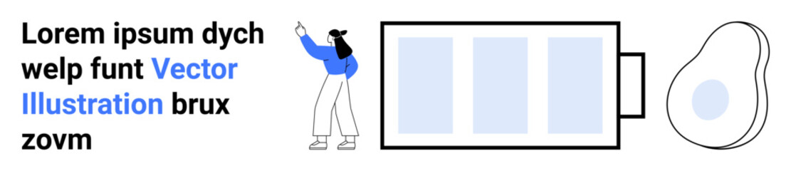 Woman gesturing near battery, abstract organic shape symbolizing eco themes and energy flow. Ideal for technology, renewable energy, environment, sustainability, conservation, education, simple