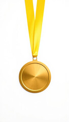 Golden medal with yellow ribbon symbolizing achievement, success, and recognition on a plain white background