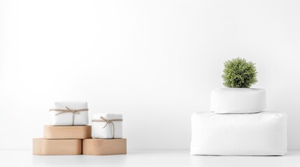 A small potted plant sitting on stacked white boxes, accompanied by wrapped gifts on wooden blocks, minimalist interior design, and clean and modern composition.