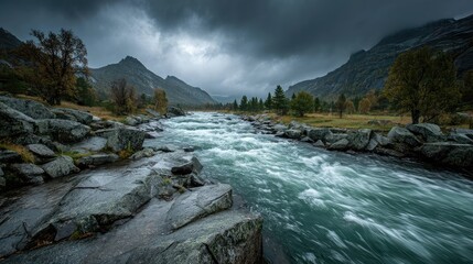 Mountain River Rapids Under Stormy Skies