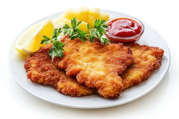 Schnitzel on a plate, white background. AI generated illustration.