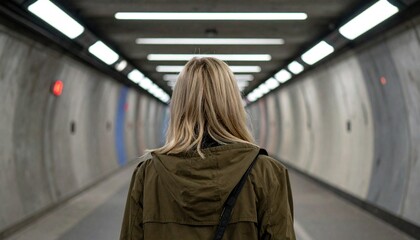 Back of a woman’s head as she walks through a lit tunnel