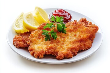Schnitzel on a plate, white background. AI generated illustration.