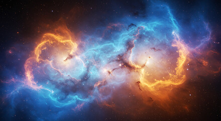 Fototapeta premium Breathtaking cosmic cloudscape featuring vibrant blue and orange hues in a mesmerizing nebula with a field of stars for science and astronomy projects