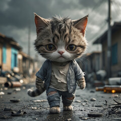 A small, anthropomorphic tabby cat with soulful eyes walks down a desolate street strewn with debris and broken bottles, wearing tattered denim jeans and a worn jacket