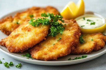 Schnitzel on a plate, white background. AI generated illustration.
