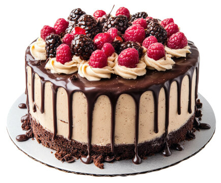 Delicious chocolate raspberry cake kitchen food bright isolated on transparent background