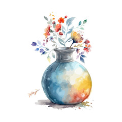 Watercolor vase with flowers. hand drawn. Not AI, Vector illustration.
