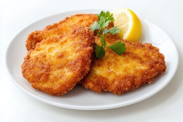 Schnitzel on a plate, white background. AI generated illustration.