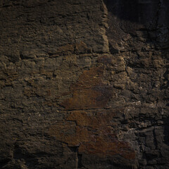 A textured stone background with chiaroscuro lighting, showcasing a brutal, monolithic rock formation. Cracks and fragments highlight its geological power, perfect for design templates or science