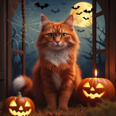 A fluffy ginger cat with striking yellow eyes sits regally amidst Halloween decorations, including carved pumpkins and autumn leaves, in front of a window displaying a full moon with bat silhouettes