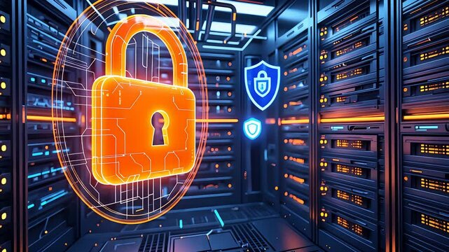 Digital padlock hologram in secure server room for cybersecurity concept