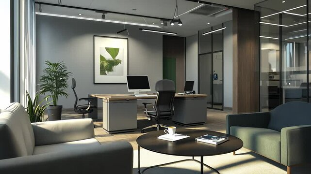 A modern office with large windows, a wooden desk, computer monitors, swivel chairs, plants, a framed picture on the wall, and a small round table with a cup and book.