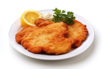 Schnitzel on a plate, white background. AI generated illustration.