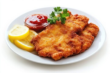 Schnitzel on a plate, white background. AI generated illustration.