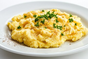 Scrambled eggs on a plate, white background. AI generated illustration.
