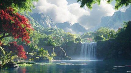 Serene Waterfall Cascading into Lush Tropical Paradise