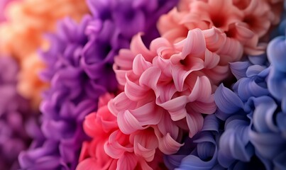 Fototapeta premium Vibrant hyacinth blossoms in a gradient of pastel colors. Close-up view of delicate flower petals