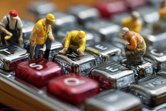 Miniature construction workers repairing a keyboard at a modern office environment during daylight