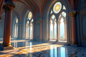 Opulent Royal Fantasy Hall with Colorful Stained Glass Details