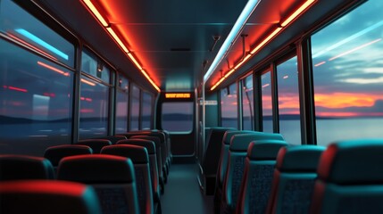 Bus interior: transport, tourism, road trip.