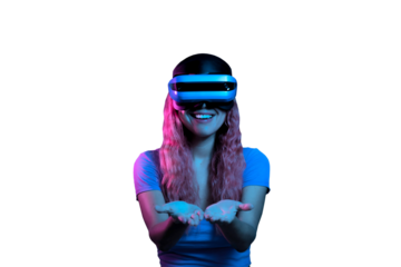 Pink-haired Latina woman amazed by what she sees in the metaverse.