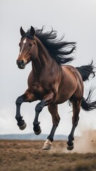 Fototapeta premium Brown horse running in a field with mane flowing in the wind.