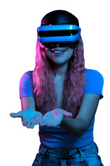 Pink-haired Latina woman amazed by what she sees in the metaverse.