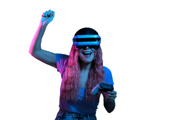 Young Latina woman with pink hair, winning an online virtual reality game, gamer girl with joystick in hand in victory sign