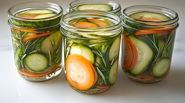 Four mason jars filled with homemade pickled cucumbers and carrots with fresh rosemary sprigs are arranged on a marble surface.