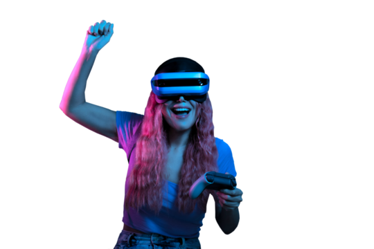 Young Latina woman with pink hair, winning an online virtual reality game, gamer girl with joystick in hand in victory sign