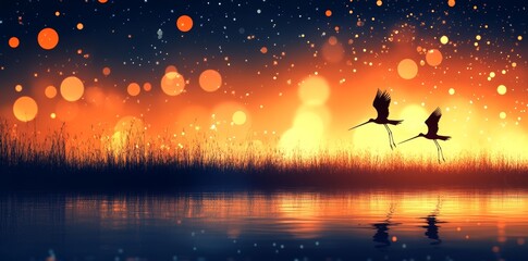 Obraz premium At sunset, a bird stands on a unique orange and gray background with circular shapes