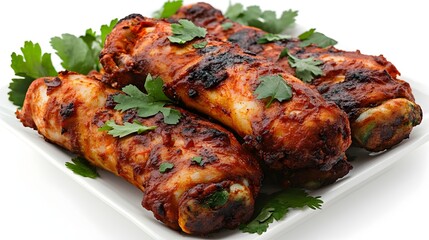 Delicious grilled chicken drumsticks marinated in spicy red sauce are served on a white plate garnished with fresh parsley.