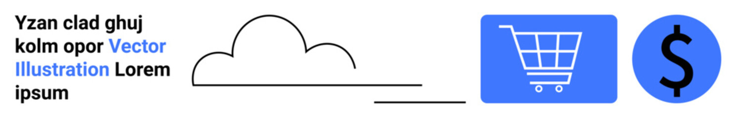Cloud outline with lines indicating connectivity, blue shopping cart icon, and blue dollar symbol. Ideal for e-commerce, online shopping, cloud technology, payment systems, fintech, retail simple