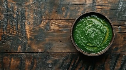 Obraz premium Green soup on a wooden background.