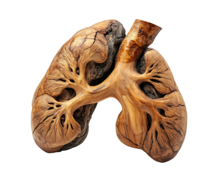 Artistic wood sculpture representing human lungs still life isolated on transparent background