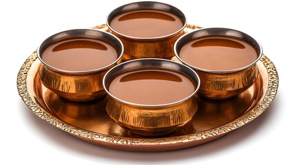 Four small copper cups filled with golden brown liquid sit on an ornate copper serving tray against a white background.