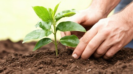 Planting new green sprout hands gardening soil growth concept