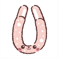 U bunny letter with emoji face, pink polka dot background, uppercase typography illustration
