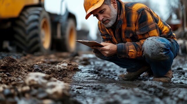 Worker Inspecting Soil with Clipboard in Construction Site Outdoor Labor Heavy Machinery Back - Powered by Adobe