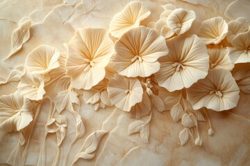 Ornate, light beige floral relief sculpture design.