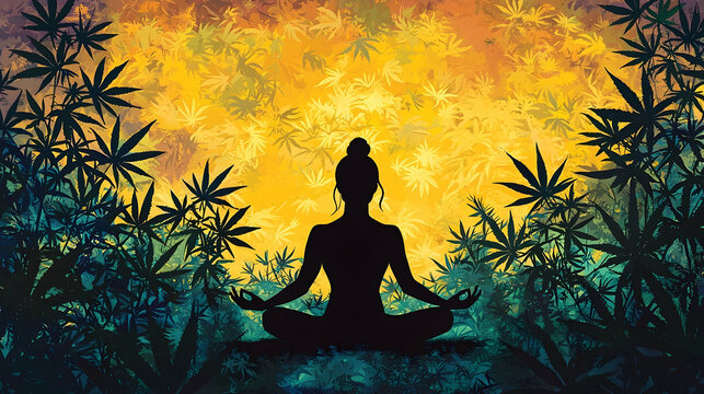 Woman meditating amidst cannabis plants at sunset; peaceful mindfulness concept for wellness websites