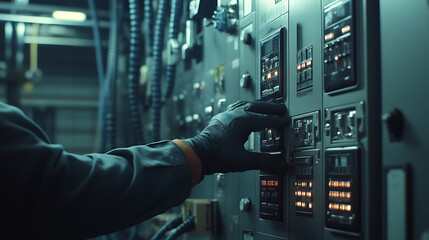 Technician Operating Industrial Control Panel
