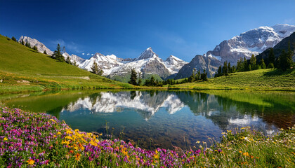 a breathtaking landscape featuring a crystal clear lake reflecting towering snow capped mountains surrounded by lush green meadows colorful wildflowers