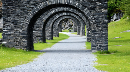 Obraz premium Stone archway path, mountain landscape, gravel trail, scenic walkway, nature background, ideal for travel brochures