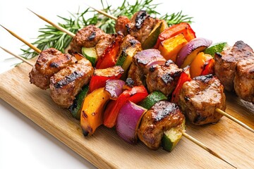 Shish chicken, white background. AI generated illustration.