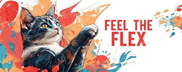 Obraz premium International cat day with curious and cute idea. Artistic illustration of a cat with vibrant colors and text 