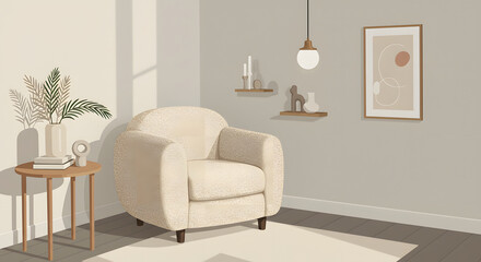 Elegant corner with a boucle armchair, minimalist decor, and soft lighting. A perfect balance of comfort and style . Vector Illustration