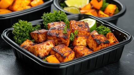 Fototapeta premium Prepared cubed meal in container food photography